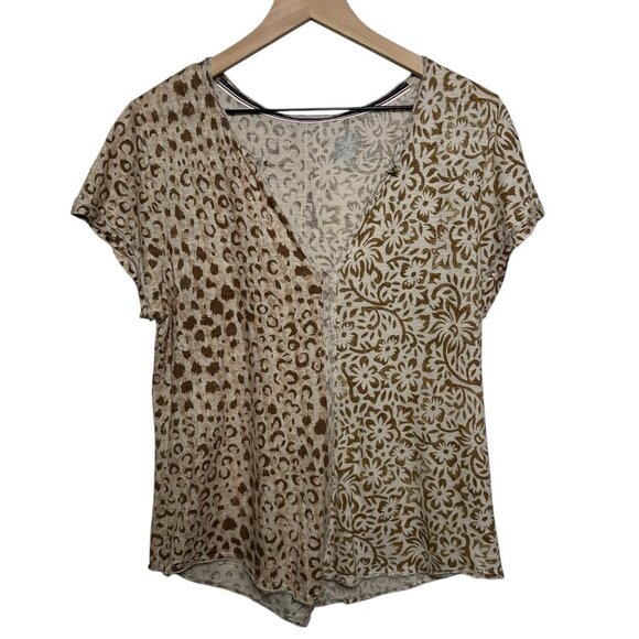 Anthropologie Pilcro Shirt Medium Short Sleeve Beige Leopard Floral Boho Mobwife - Picture 2 of 10